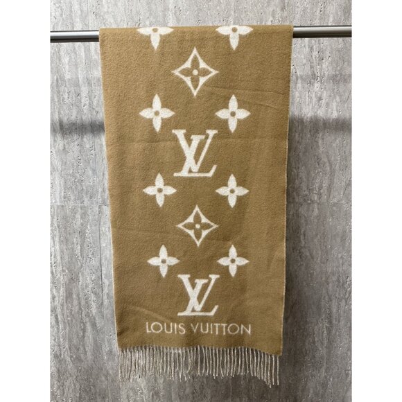 LOUIS VUITTON Monogram Reversible 100% Cashmere Scarf In Cream & Caramel Made In